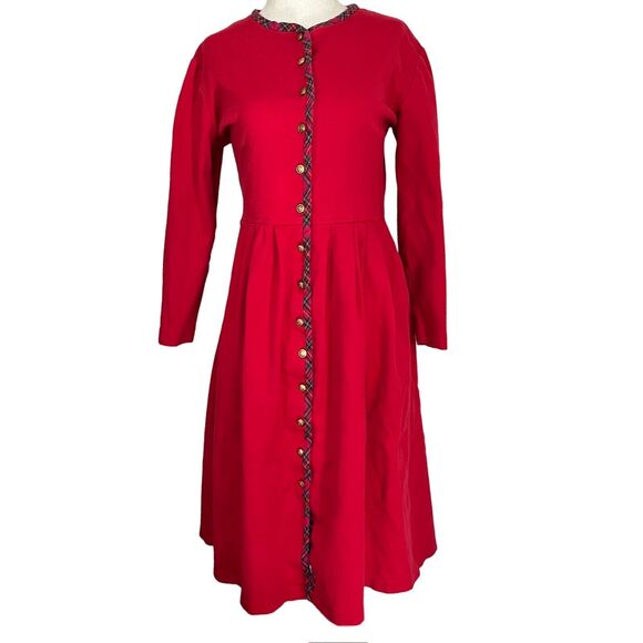 Vintage 80s Does 40s Talbots Dress M – Red, Plaid Trim, Gold Buttons, Preppy - Picture 1 of 10